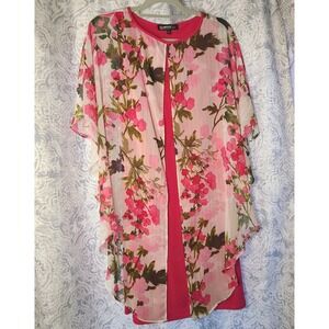 Glamour Nights Pink Floral Overlay Dress Sz 6 Chiffon Gold Shimmer Midi Unique